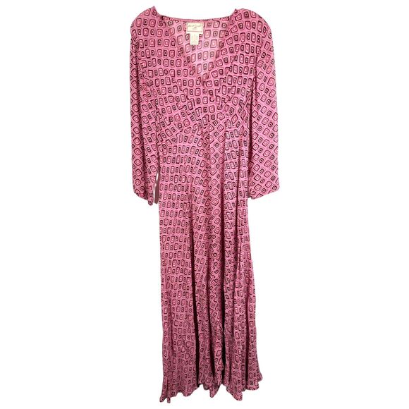 April Cornell Small Dress Maxi Chiffon Pink All Over‎ Print V Neck Sheer 1000 - Picture 1 of 9